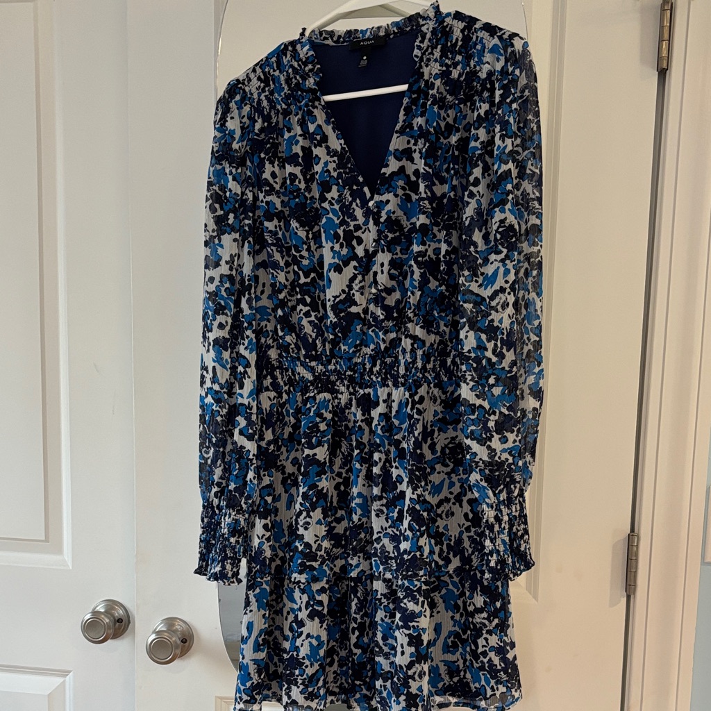 Aqua Long Sleeve Blue And Black Floral Dress
